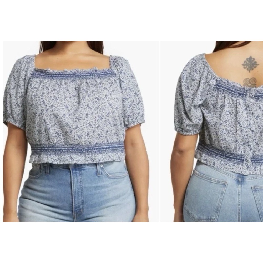 Madewell Top Women's 4X Floral Jeanette Florentine Cropped Puff-Sleeve Cotton